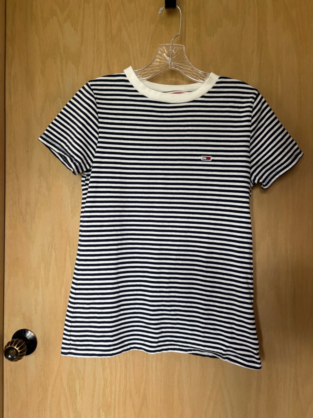 Tommy Hilfiger Blue & White Striped Tee with Red Trim